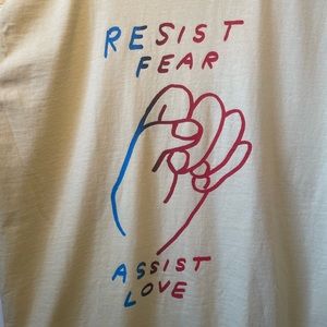 Nathaniel Russell original drawing. Resist Fear, Assist Love yellow tee size Sm